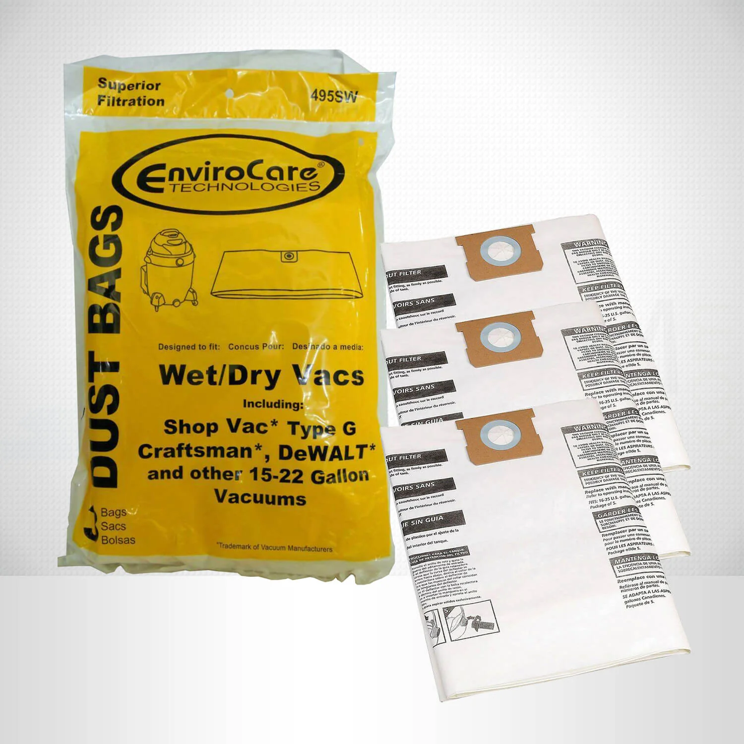 EnviroCare Shop Vac Type J 15-22 Gallon Vacuum Bags – 3 Pack #495SW - Image 3
