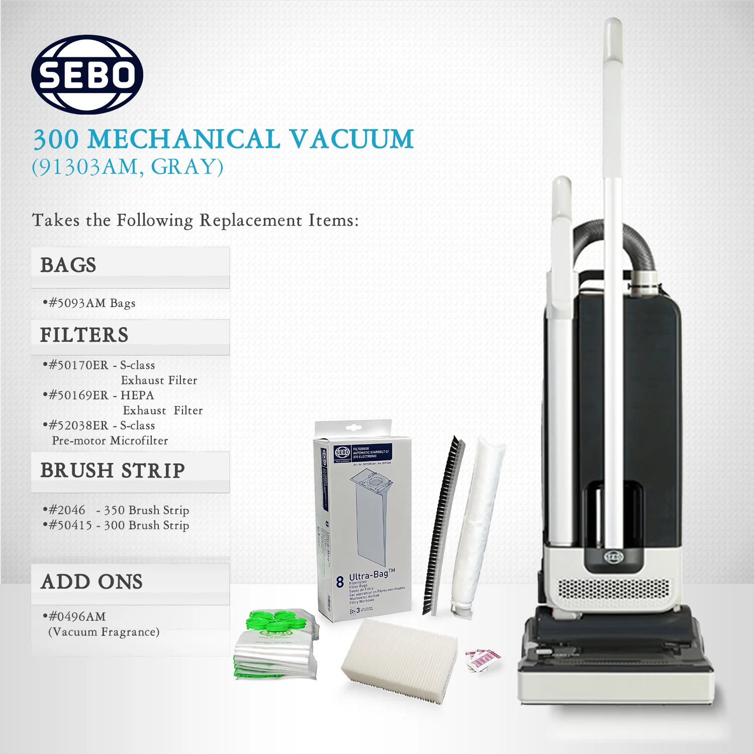 SEBO 300 MECHANICAL Commercial Grade Upright Vacuum Cleaner 91303AM (Gray) - Image 3