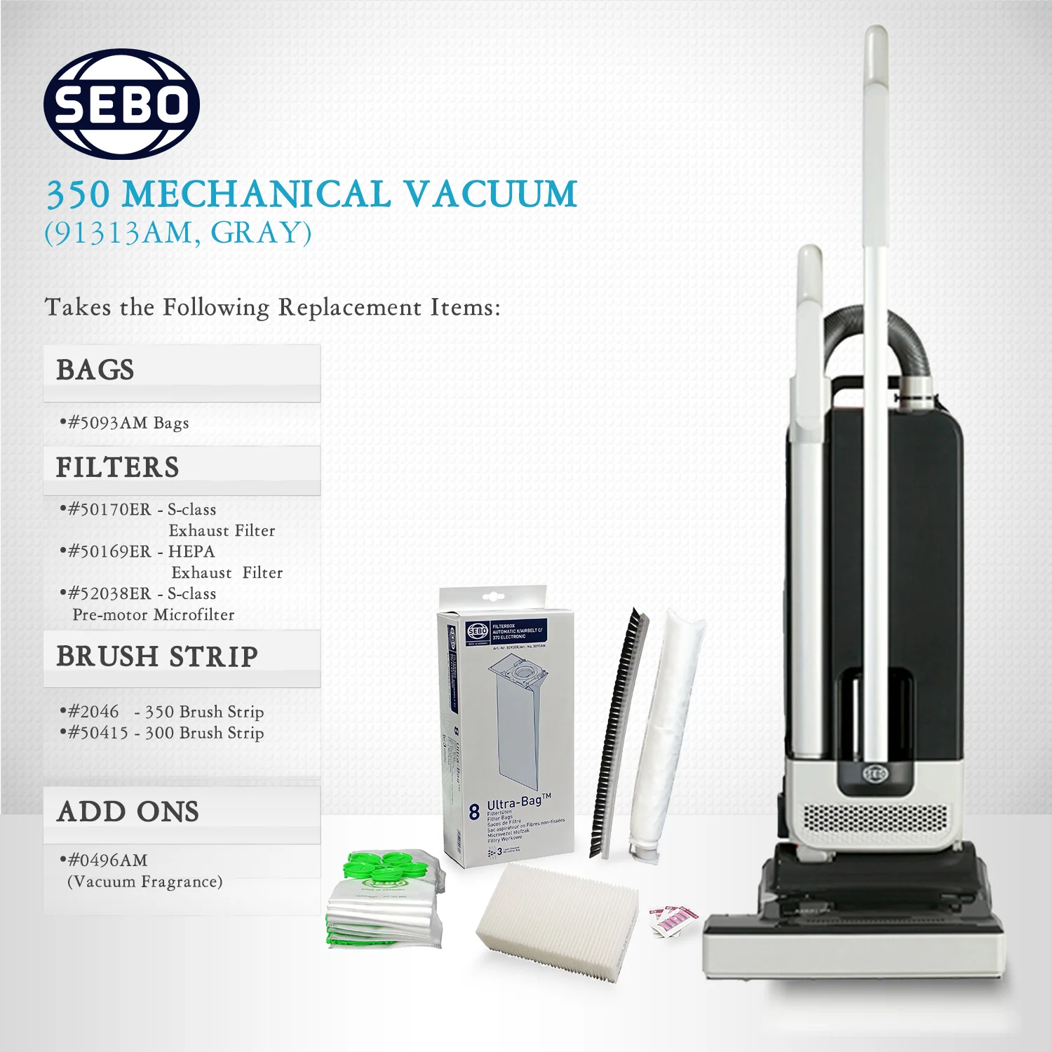 SEBO 350 MECHANICAL Commercial Grade Upright Vacuum Cleaner 91313AM (Gray) - Image 3